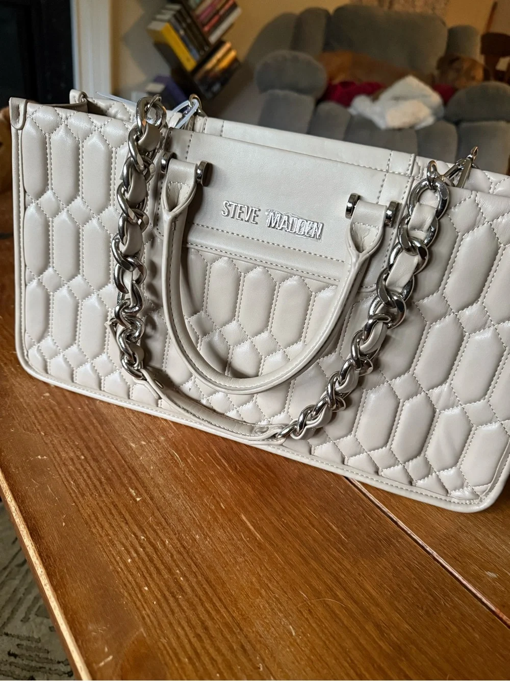 Steve Madden Quilted Cream Satchel with Silver Chain Handles